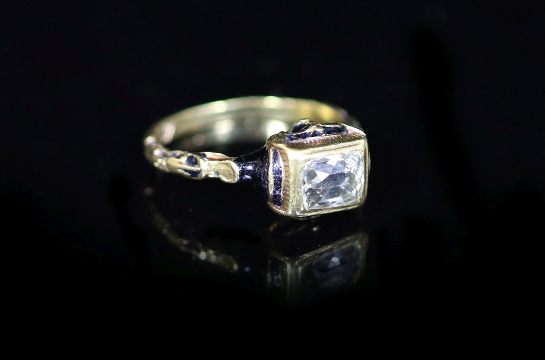 An 18th century gold, rectangular cushion cut diamond and three colour enamel memorial ring